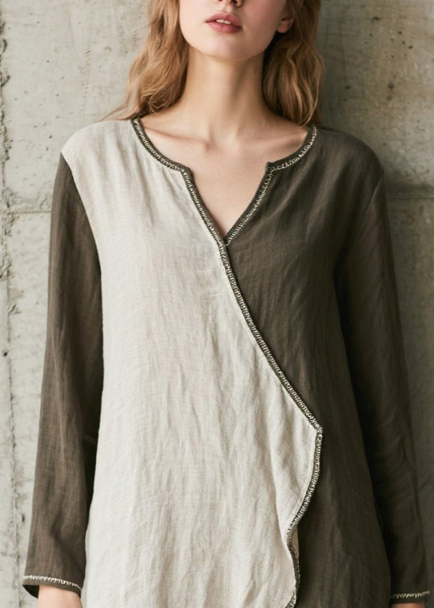 French Army Green Asymmetrical Patchwork Cotton Dress Spring