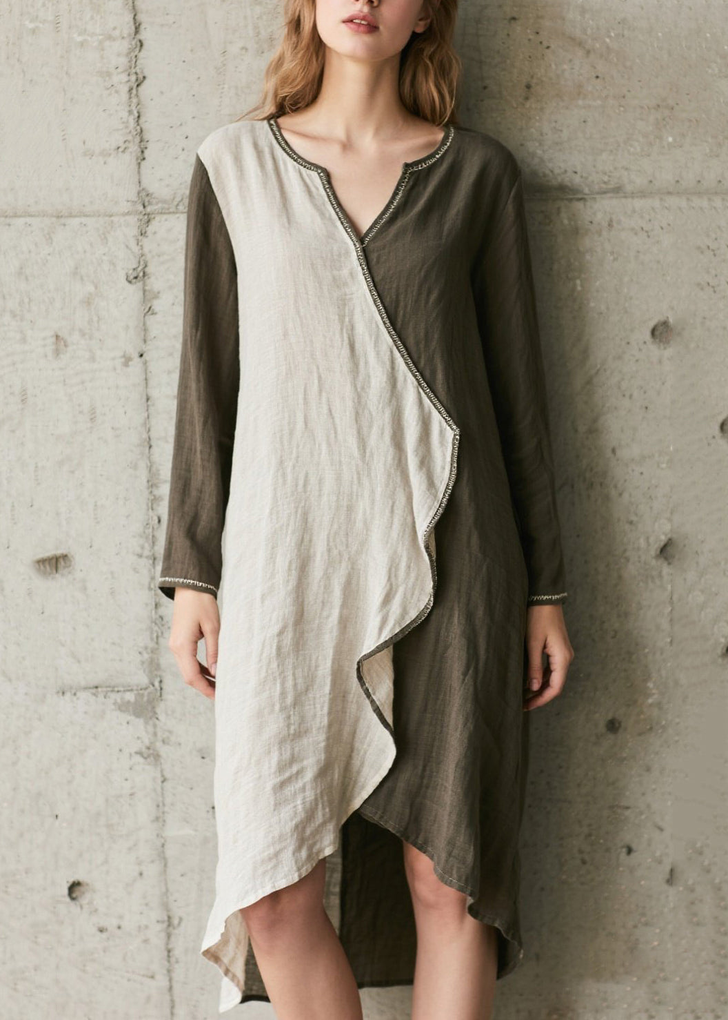 French Army Green Asymmetrical Patchwork Cotton Dress Spring