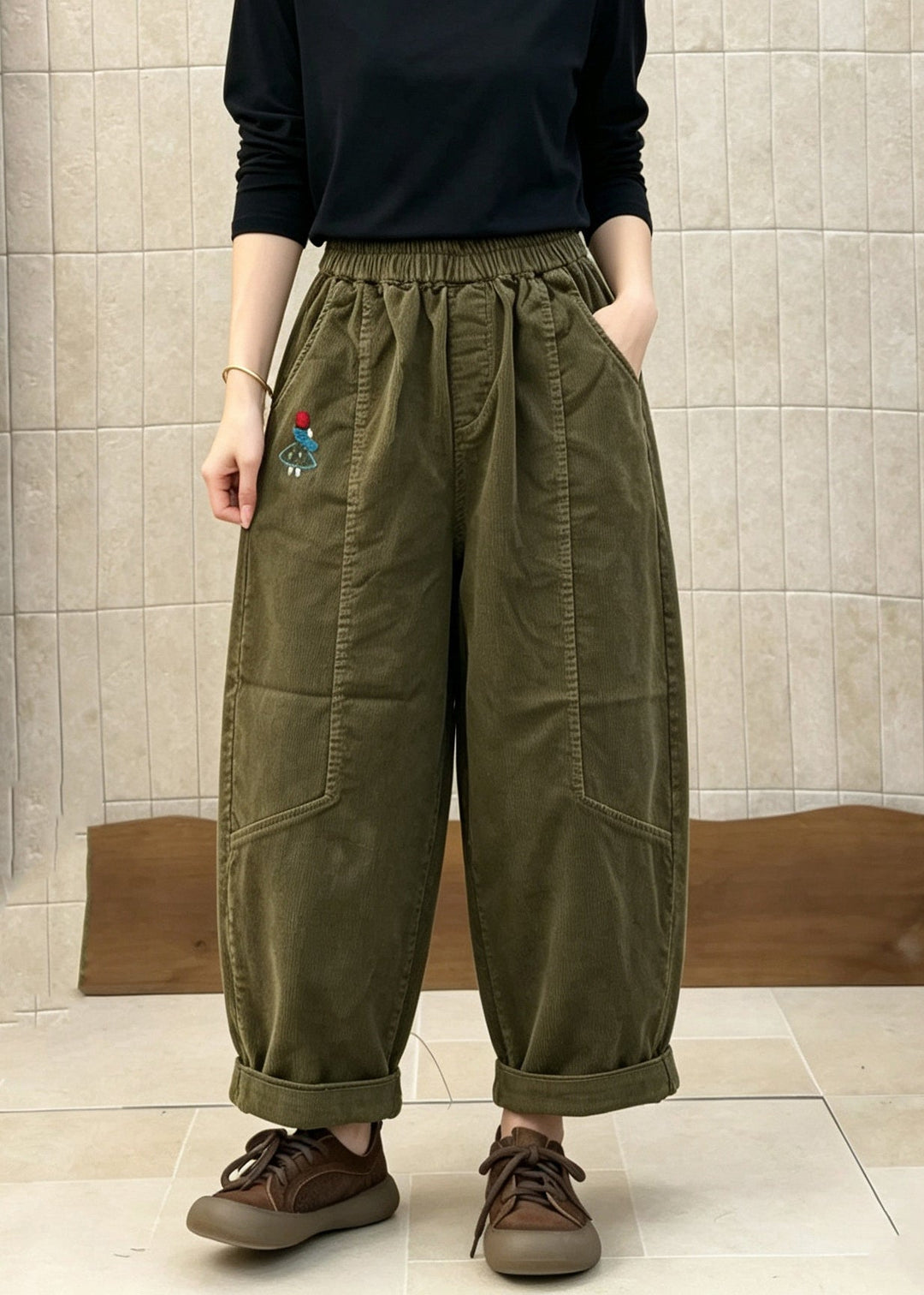 French Army Green Elastic Waist Patchwork Corduroy Pants Fall
