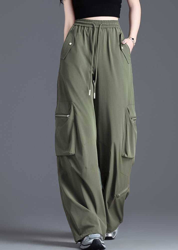 French Army Green Elastic Waist Pockets Nylon Pants Spring