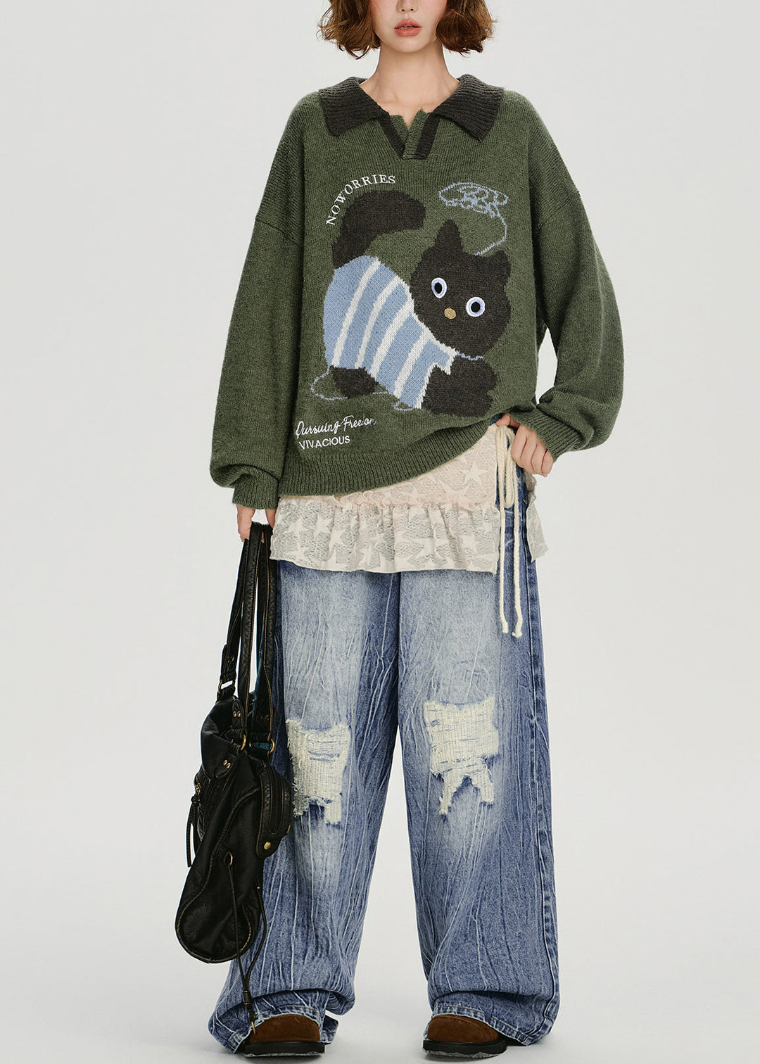 French Army Green Peter Pan Collar Dog Jacquard Knit Tops Winter