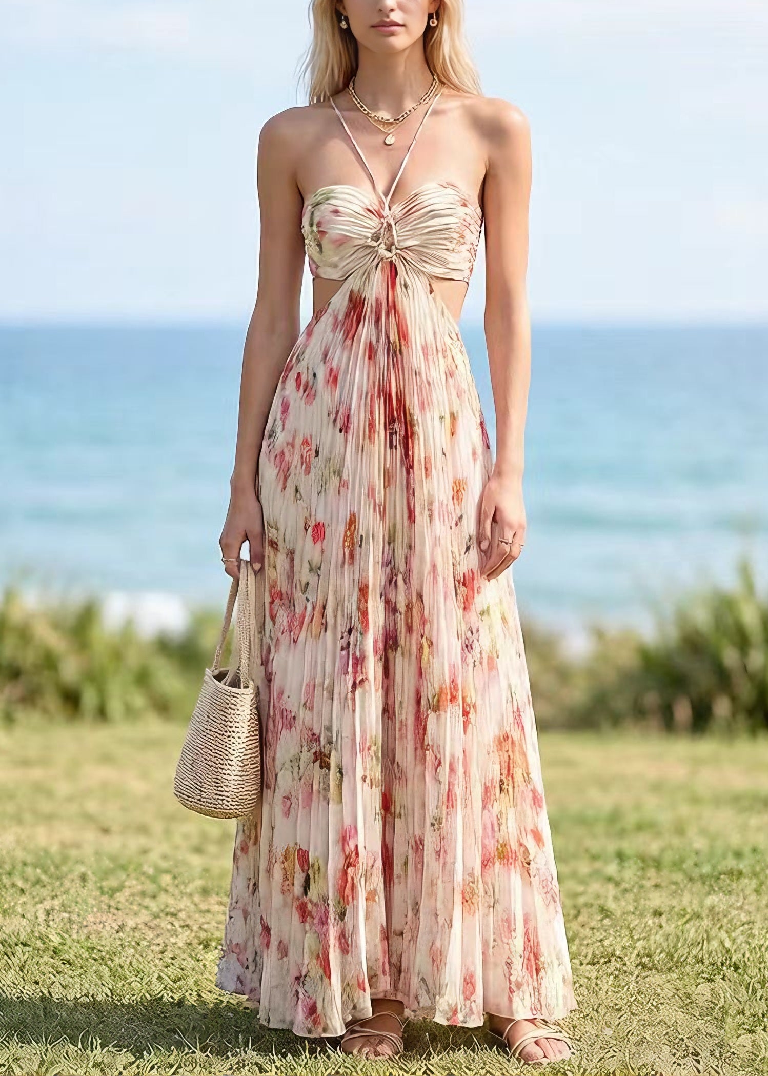 French Backless Print Halter Lace Up Chiffon Dress Summer - Omychic