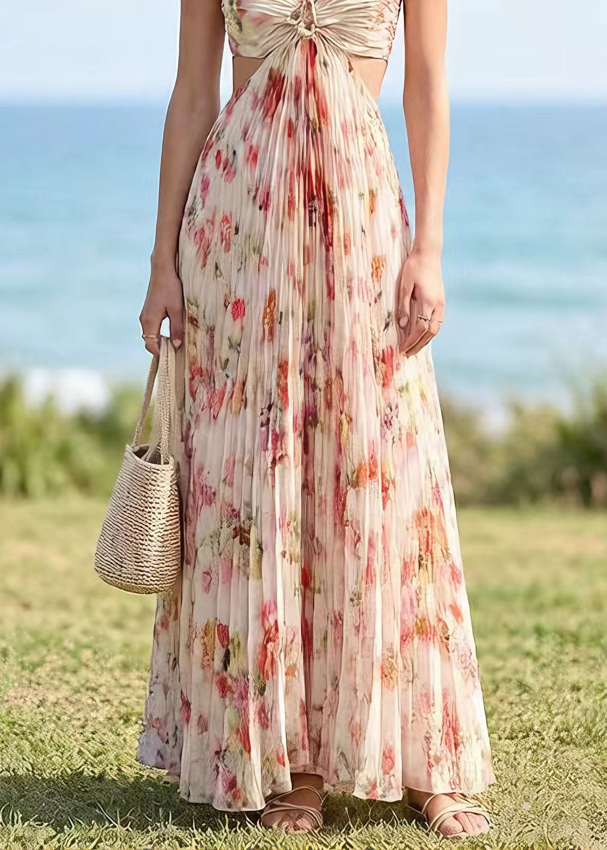 French Backless Print Halter Lace Up Chiffon Dress Summer - Omychic