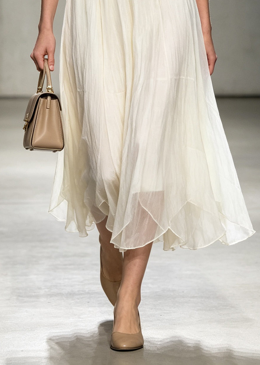 French Beige Asymmetrical Elastic Waist Tulle Skirts Fall