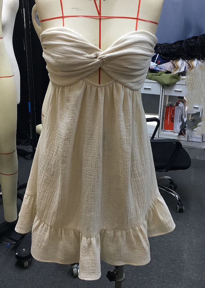 French Beige Bustier Top Hollow Out Vacation Mid Dresses Summer