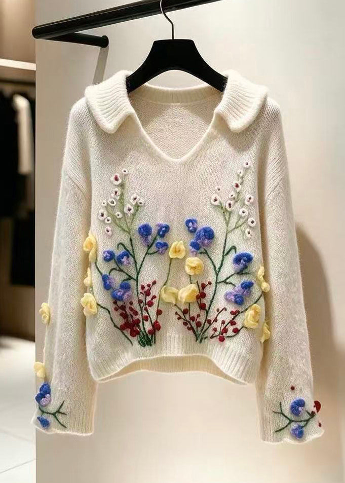French Beige Embroidered Floral Cotton Knit Sweaters Fall