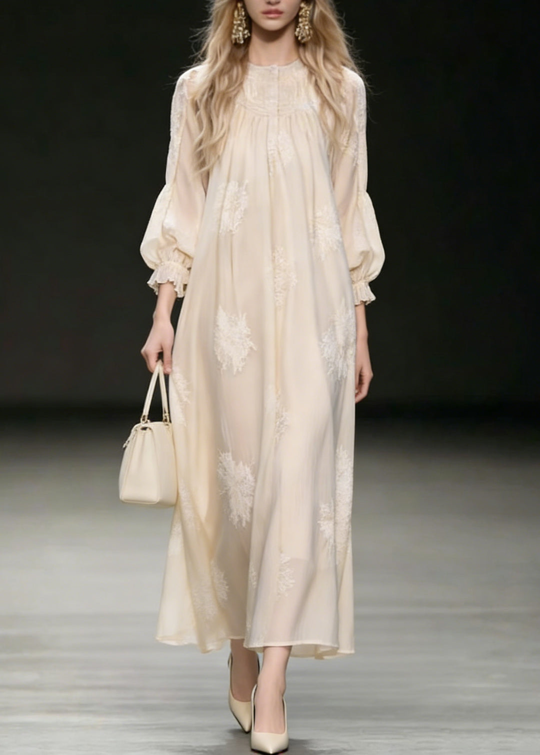 French Beige Embroidered Silk Vacation Dresses Spring