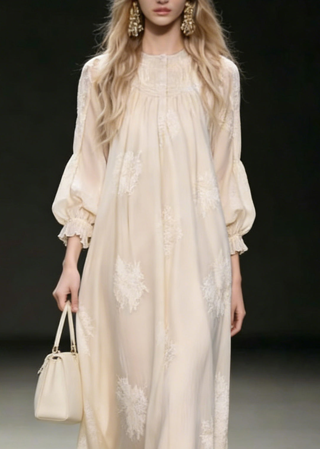 French Beige Embroidered Silk Vacation Dresses Spring