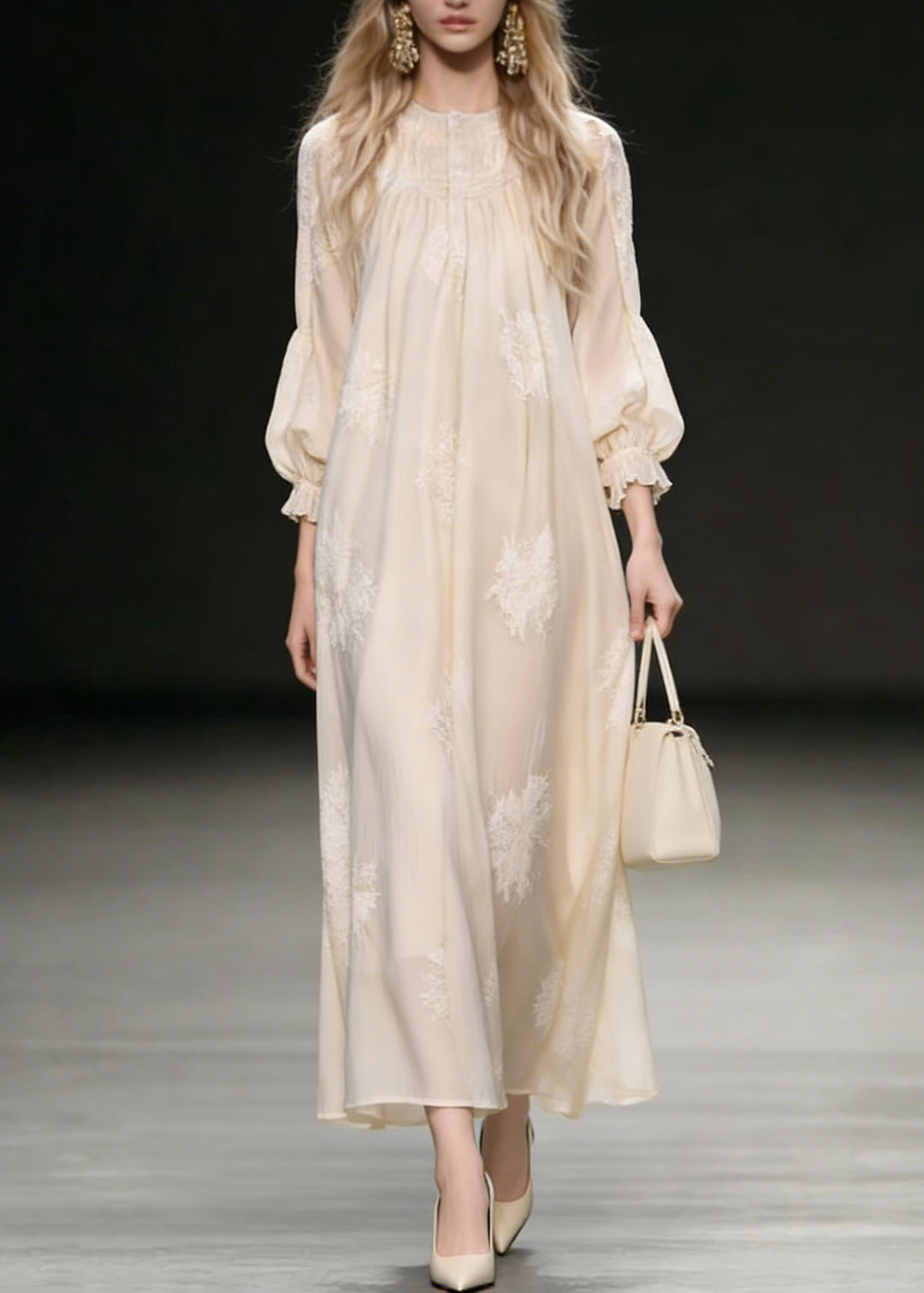 French Beige Embroidered Silk Vacation Dresses Spring