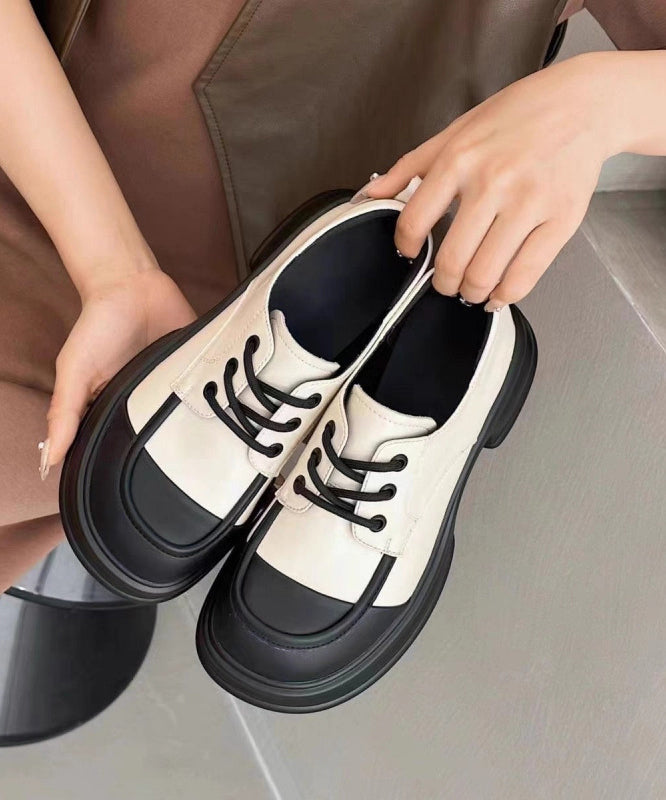 French Beige Faux Leather Splicing Loafers For Women