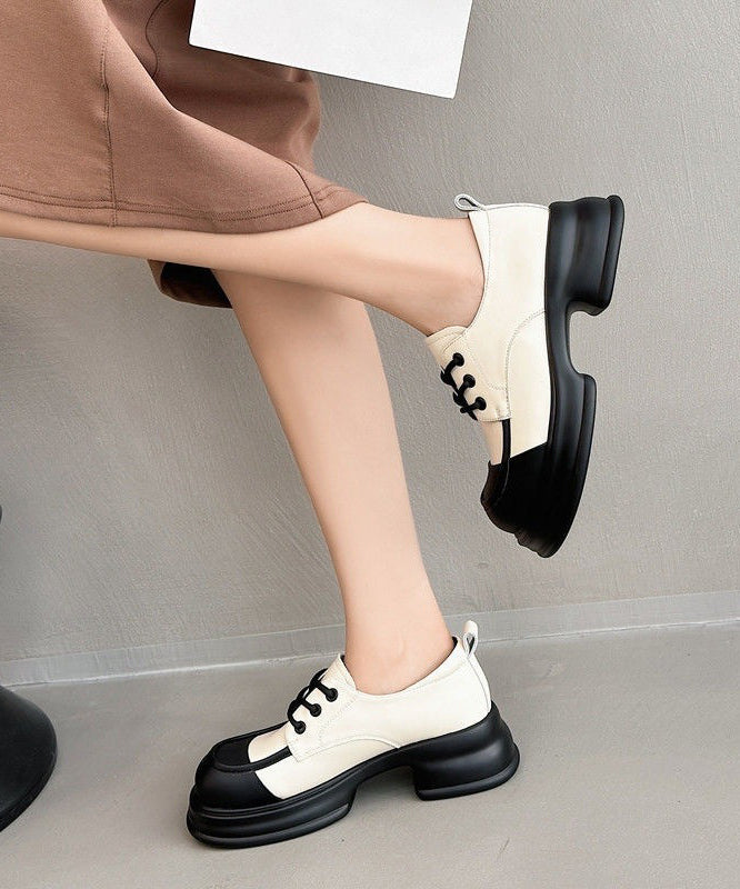 French Beige Faux Leather Splicing Loafers For Women
