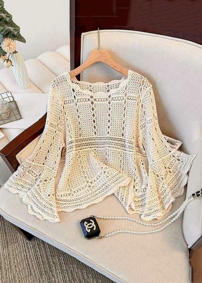 French Beige Hollow Out Cozy Knit Top Flare Sleeve