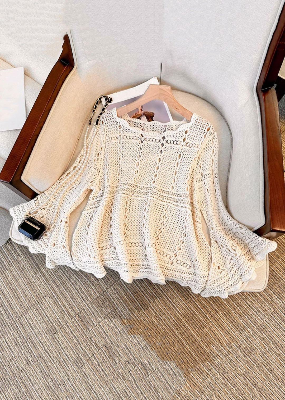 French Beige Hollow Out Cozy Knit Top Flare Sleeve