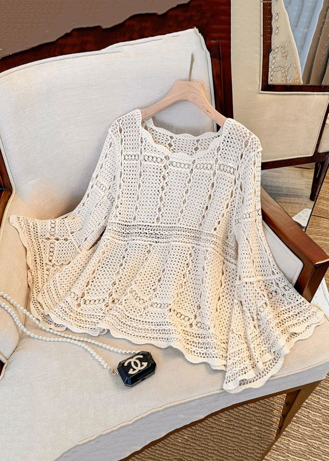 French Beige Hollow Out Cozy Knit Top Flare Sleeve