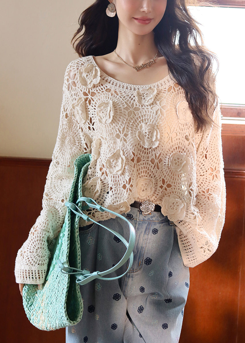 French Beige Hollow Out Lace Knit Top Fall
