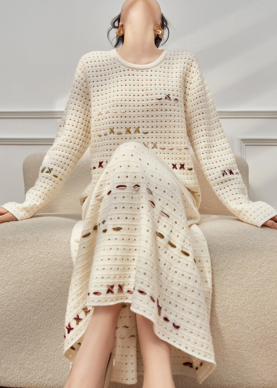 French Beige Hollow Out Sweaters And Skirts Knit Two Pieces Set Fall