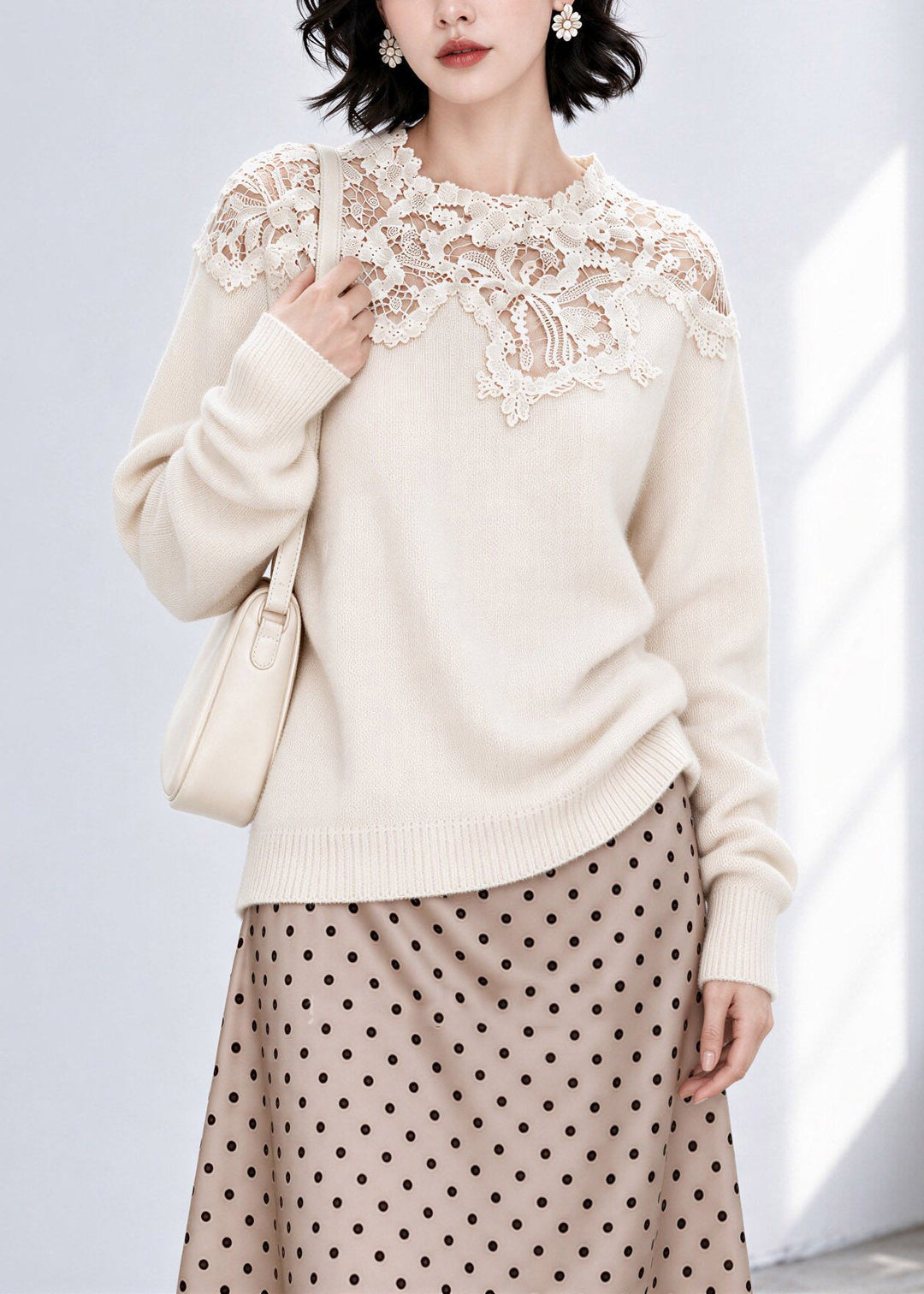 French Beige Lace Patchwork Cotton Knit Sweaters Fall