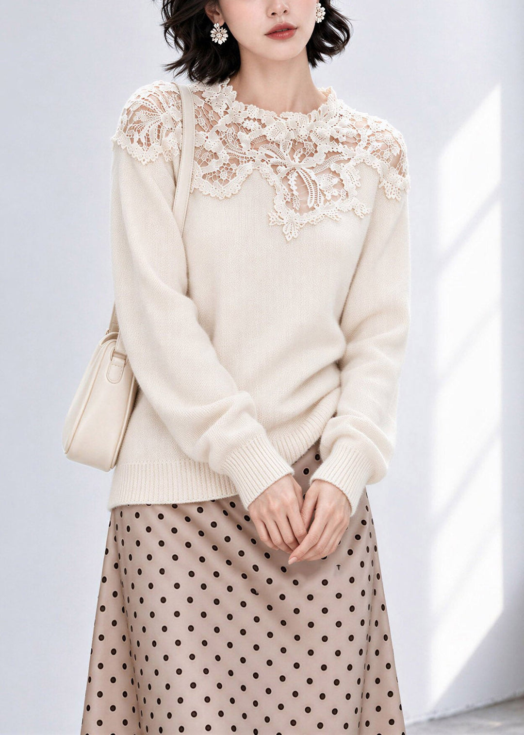 French Beige Lace Patchwork Cotton Knit Sweaters Fall