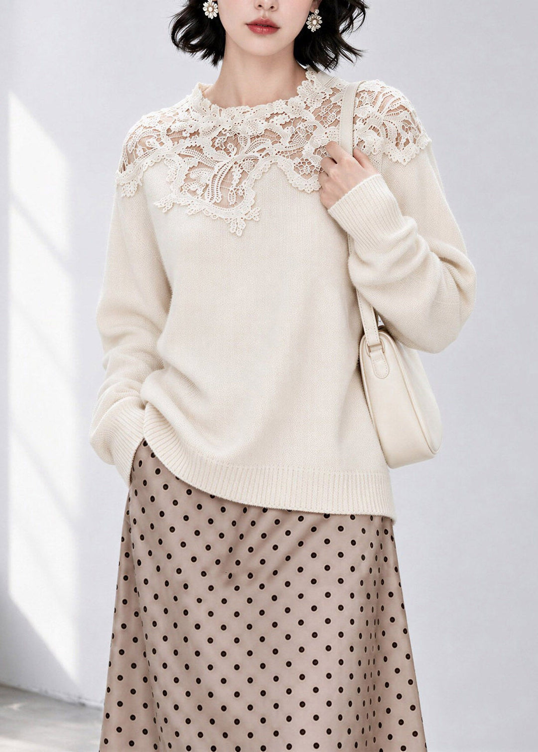 French Beige Lace Patchwork Cotton Knit Sweaters Fall