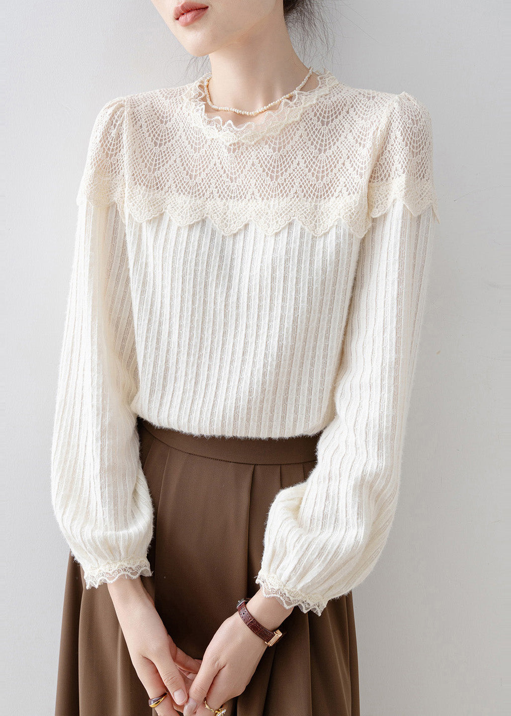 French Beige Lace Patchwork Knit Blouses Spring