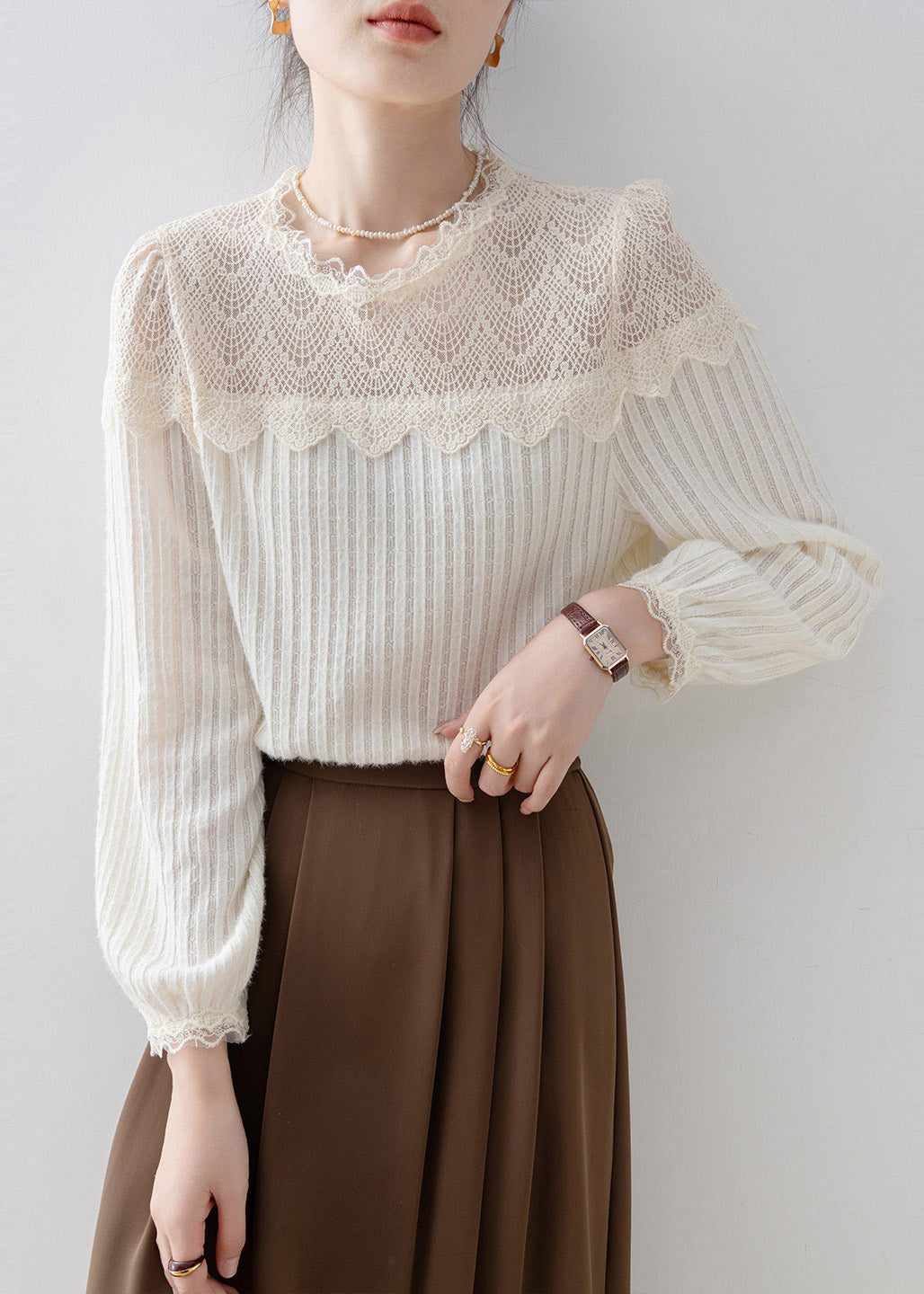 French Beige Lace Patchwork Knit Blouses Spring
