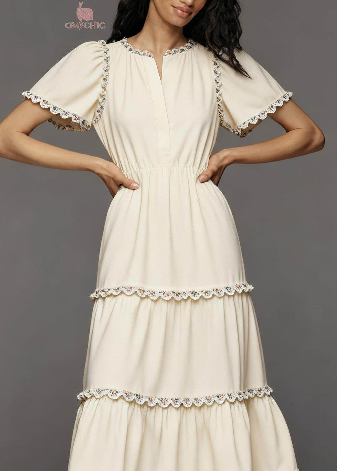 French Beige Layered Lace Patchwork Cotton Dress Summer