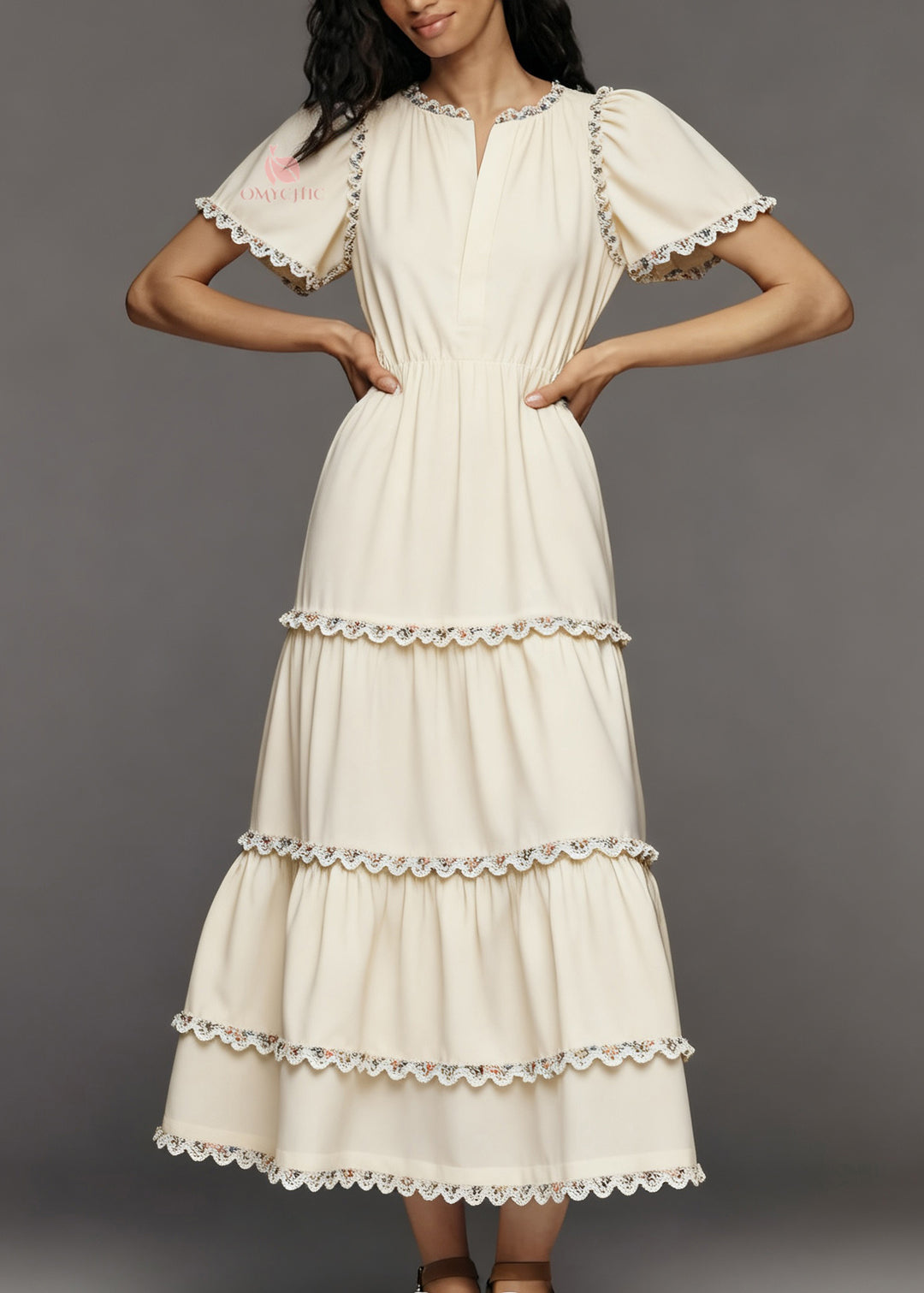 French Beige Layered Lace Patchwork Cotton Dress Summer