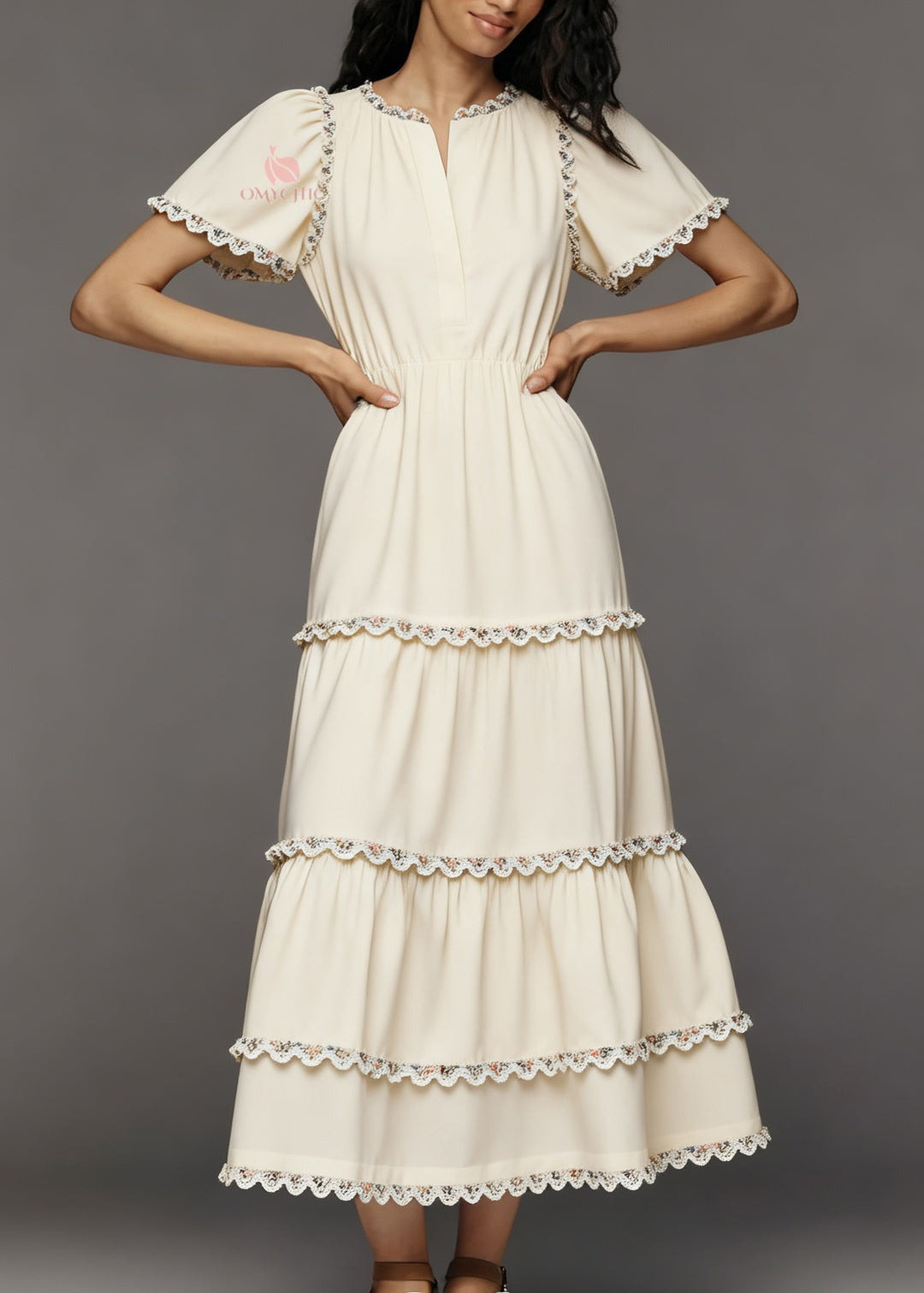 French Beige Layered Lace Patchwork Cotton Dress Summer