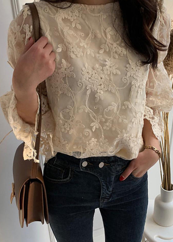 French Beige O-Neck Embroidered Lace Tops Flare Sleeve