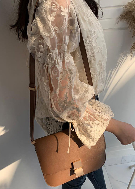 French Beige O-Neck Embroidered Lace Tops Flare Sleeve