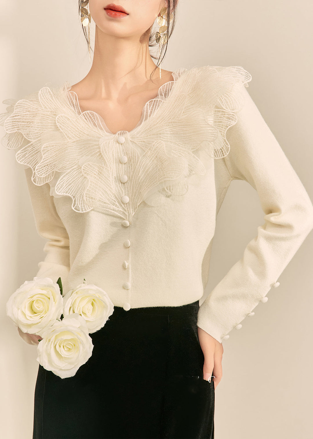 French Beige O Neck Patchwork Knit Top Spring