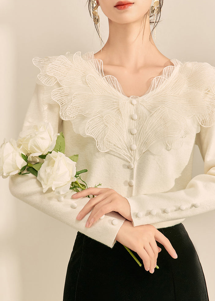 French Beige O Neck Patchwork Knit Top Spring