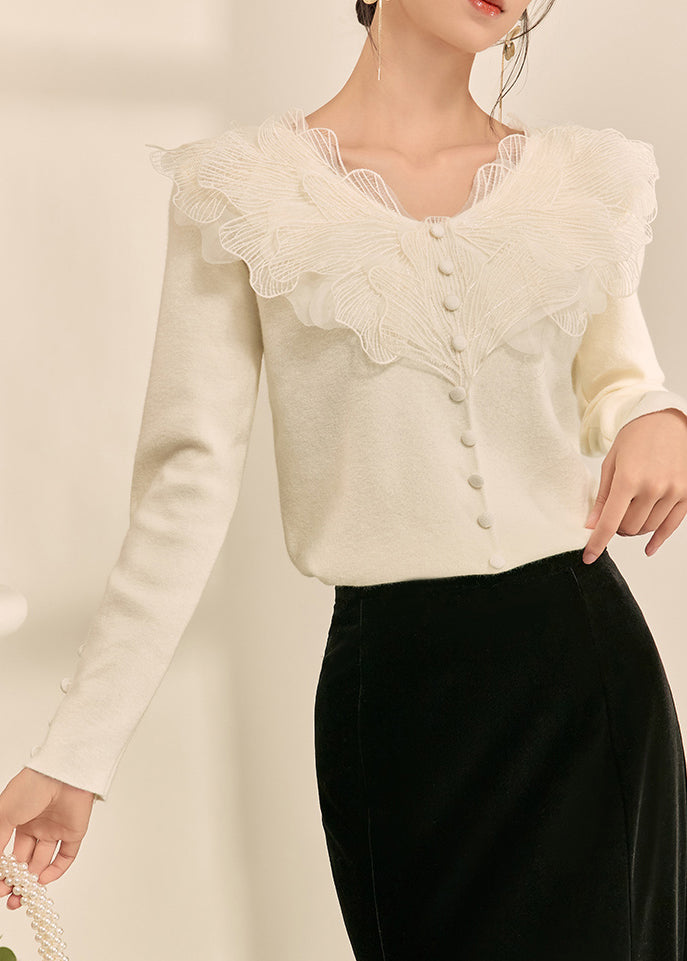 French Beige O Neck Patchwork Knit Top Spring