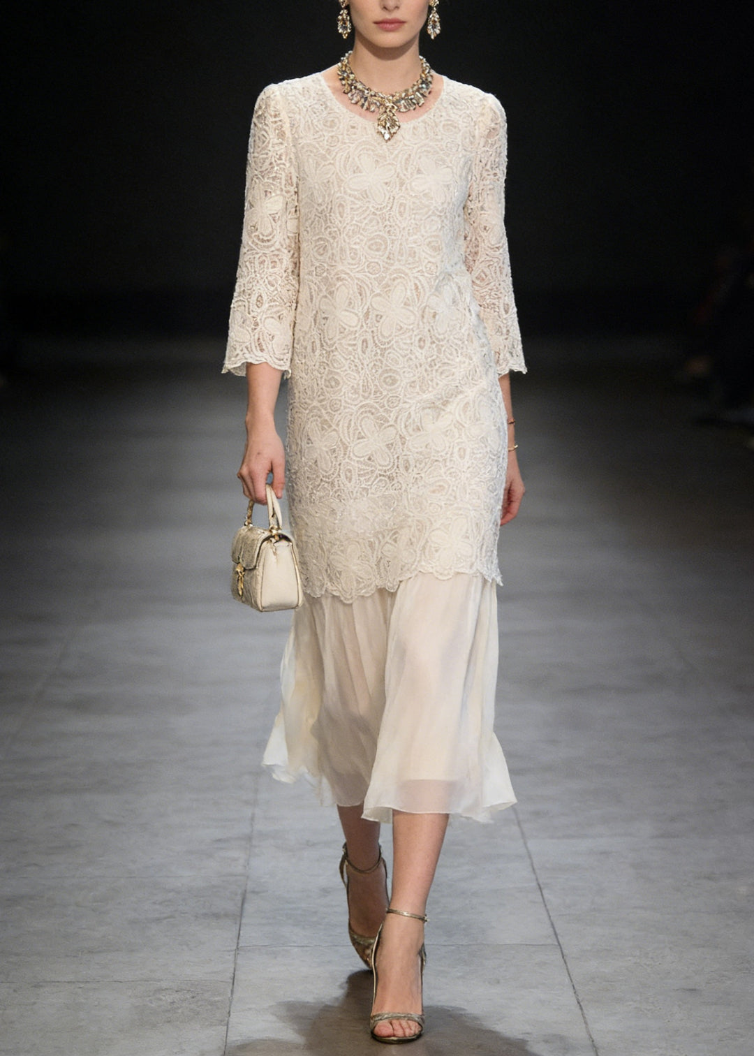 French Beige O Neck Patchwork Lace Dresses Summer - Omychic