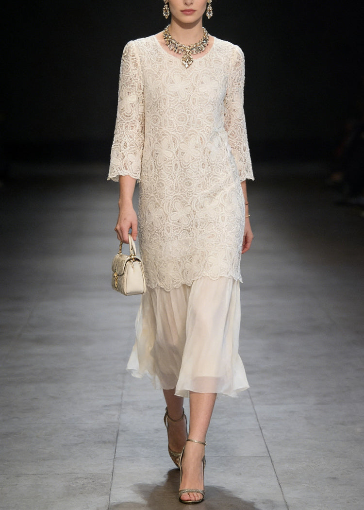 French Beige O Neck Patchwork Lace Dresses Summer - Omychic