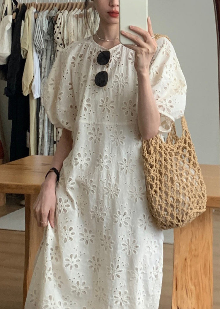 French Beige O-Neck Puff Sleeve Hollow Out Cotton Dress