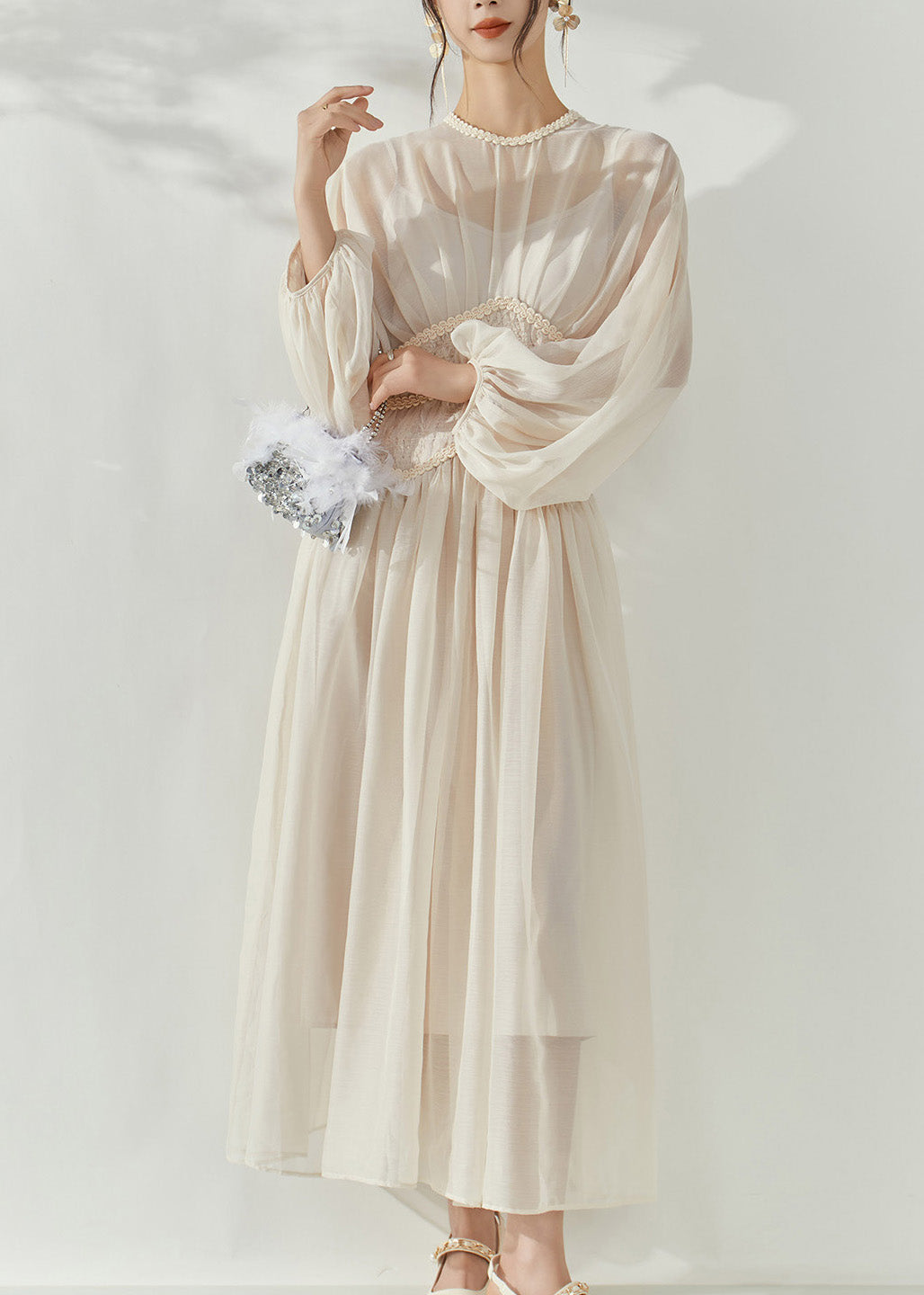 French Beige O-Neck Tunic Tulle Long Dresses Lantern Sleeve