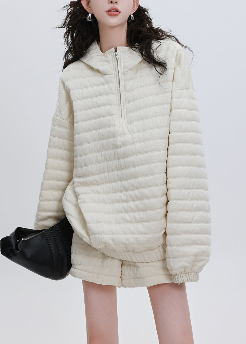 French Beige Oversized Hooded Fine Cotton Filled Two Pieces Set Winter