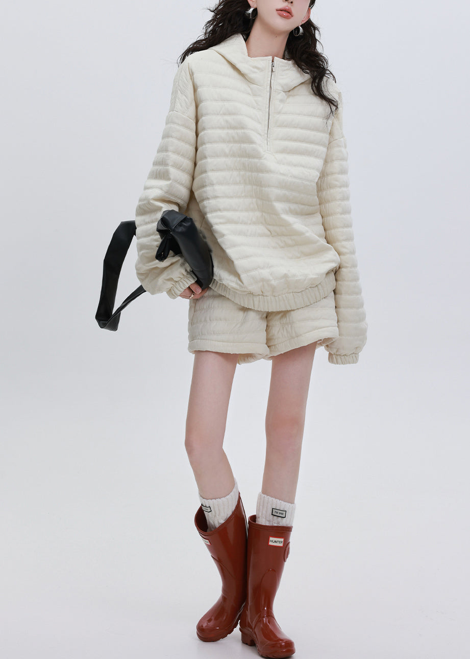 French Beige Oversized Hooded Fine Cotton Filled Two Pieces Set Winter