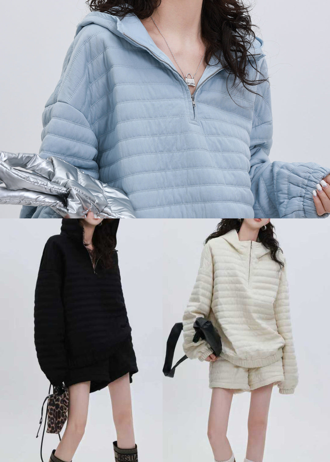 French Beige Oversized Hooded Fine Cotton Filled Two Pieces Set Winter