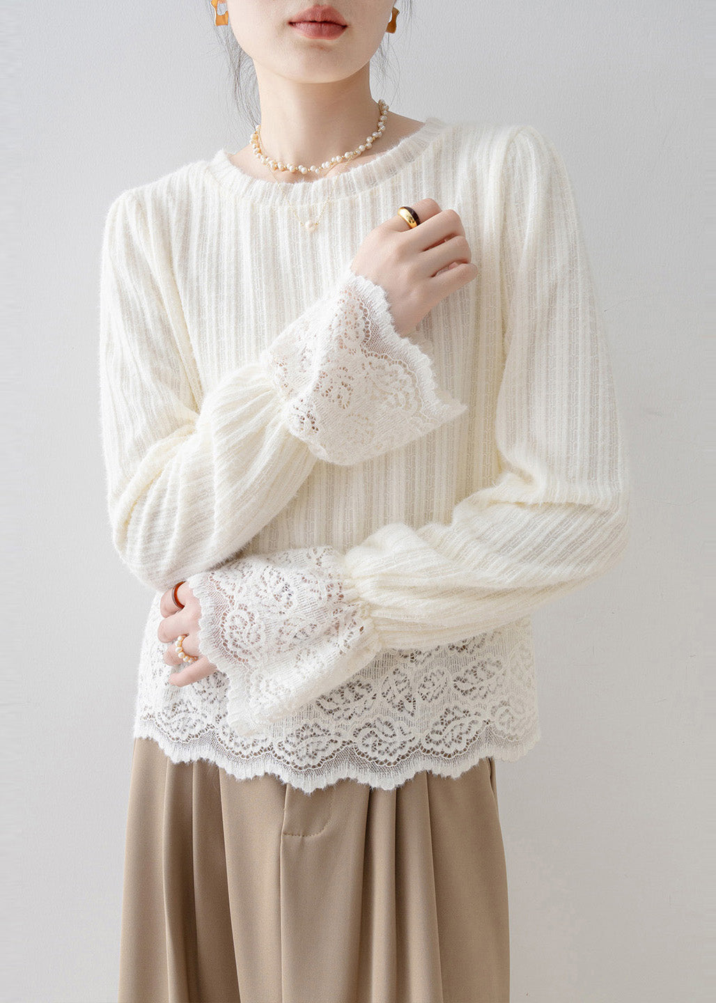 French Beige Oversized Patchwork Warm Fleece Shirt Tops Flare Sleeve