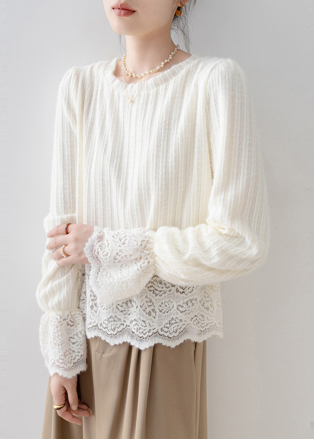 French Beige Oversized Patchwork Warm Fleece Shirt Tops Flare Sleeve