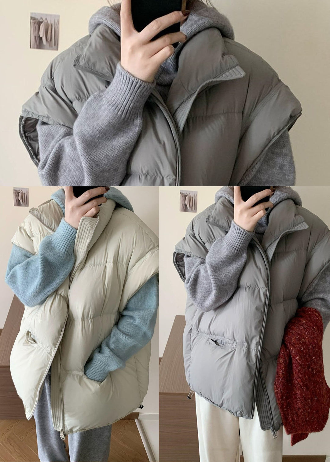 French Beige Oversized Pockets Duck Down Filled Vests Winter