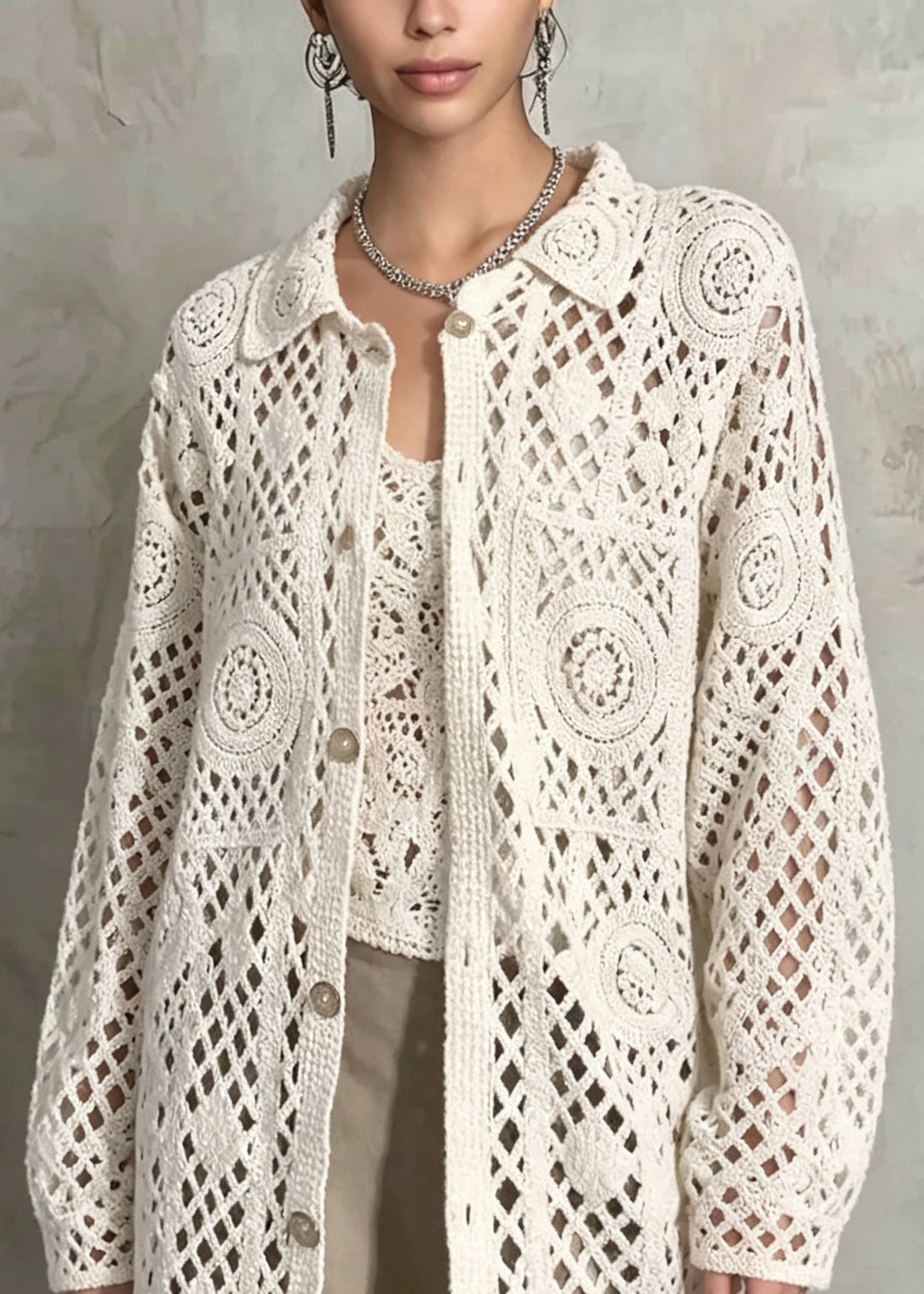 French Beige Peter Pan Collar Hollow Out Knit Cardigan Fall