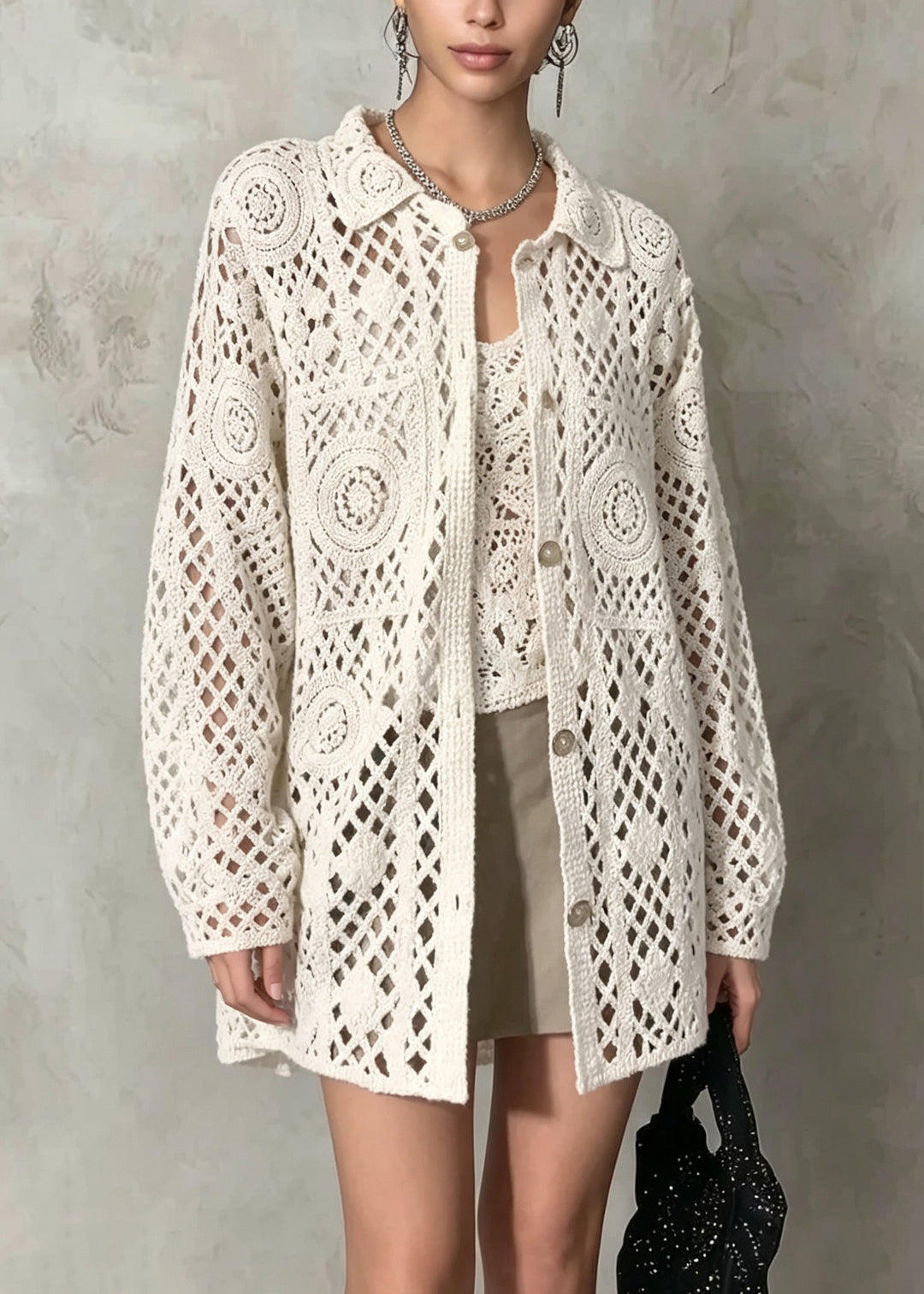 French Beige Peter Pan Collar Hollow Out Knit Cardigan Fall