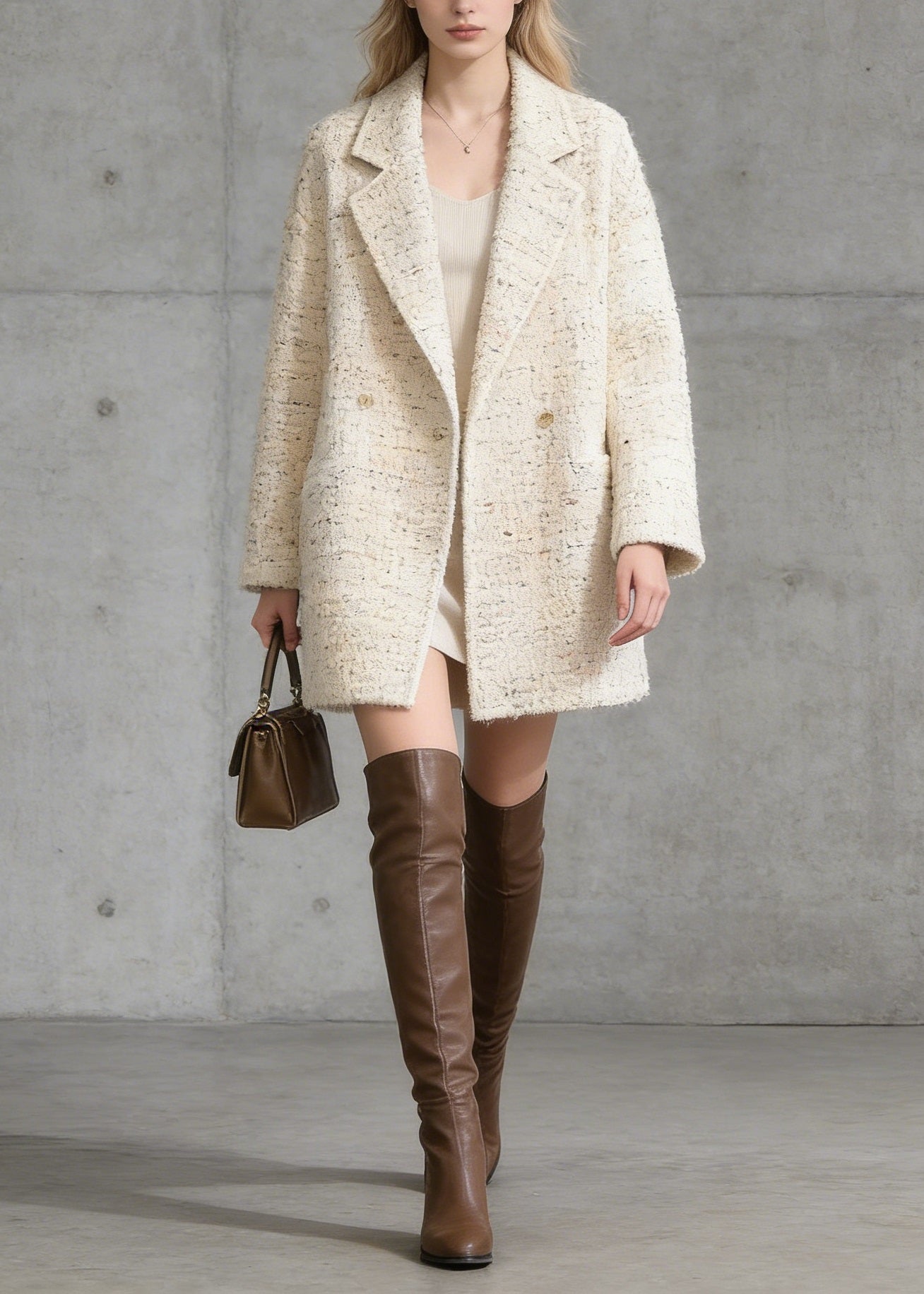 French Beige Peter Pan Collar Pockets Woolen Coat Spring - Omychic