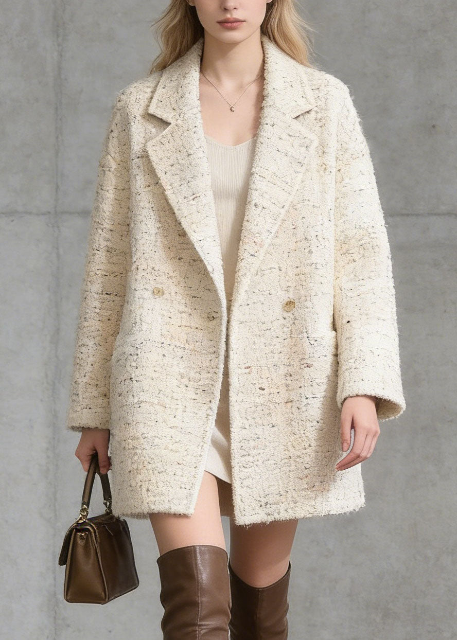 French Beige Peter Pan Collar Pockets Woolen Coat Spring - Omychic