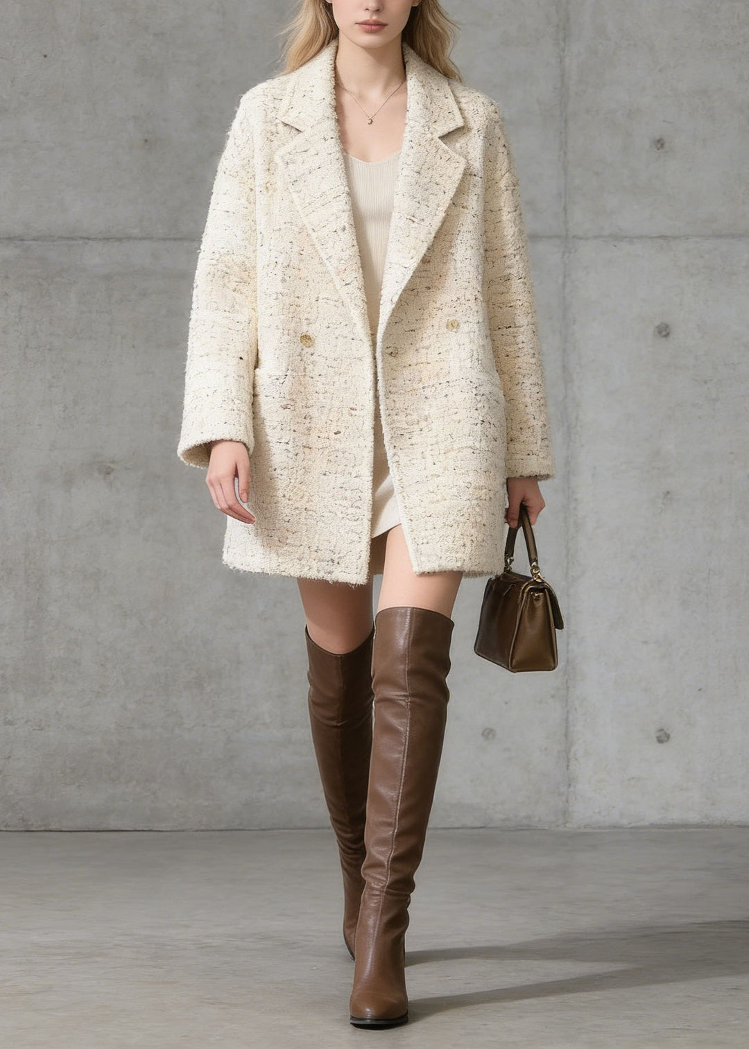 French Beige Peter Pan Collar Pockets Woolen Coat Spring - Omychic