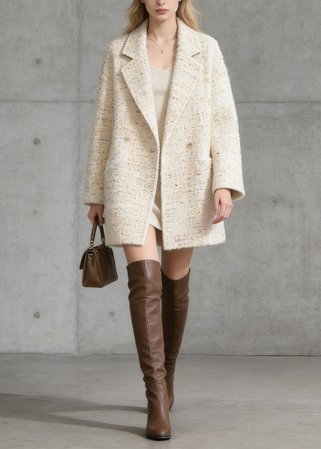 French Beige Peter Pan Collar Pockets Woolen Coat Spring - Omychic