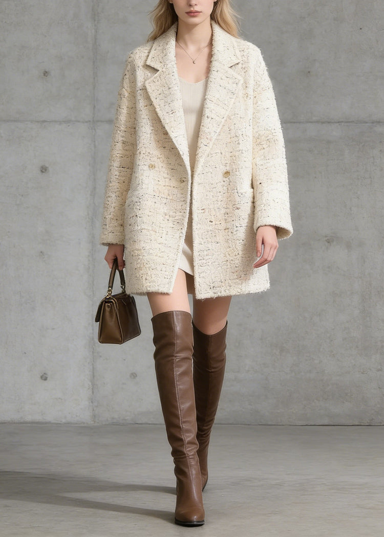 French Beige Peter Pan Collar Pockets Woolen Coat Spring - Omychic